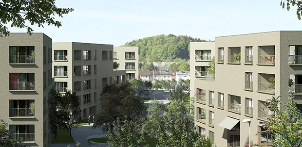 Arhitekturna vizualizacija stanovanjskih objektov in zelenega prostora med njimi.